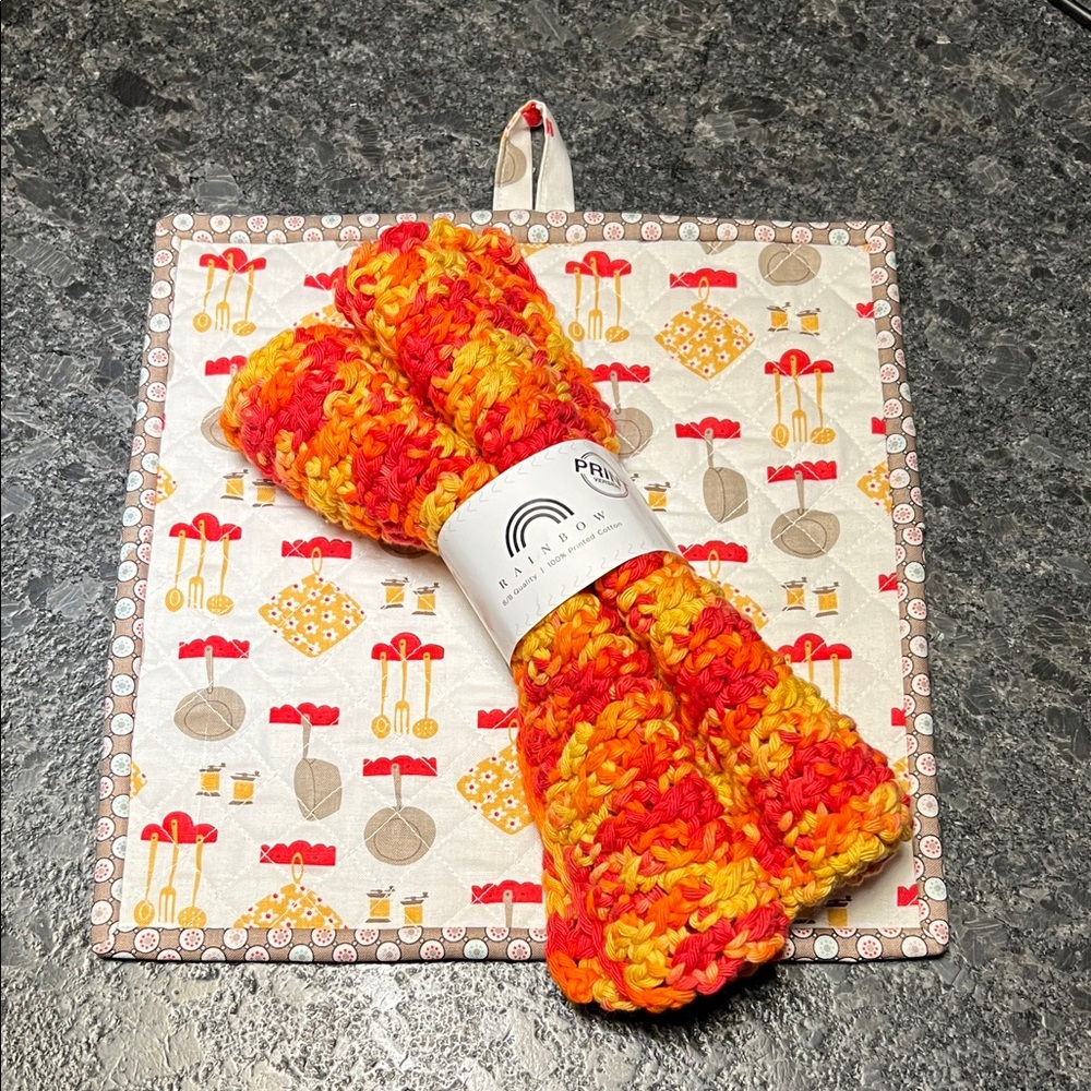 Handmade Potholder and Two Crocheted Cotton Dishcloths, 3 pc gift set